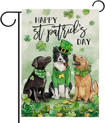 Hzppyz Bandera de jardín con diseño de perros del Día de San Patricio, de doble cara, trébol de trébol dorado para cachorros, decoración pequeña