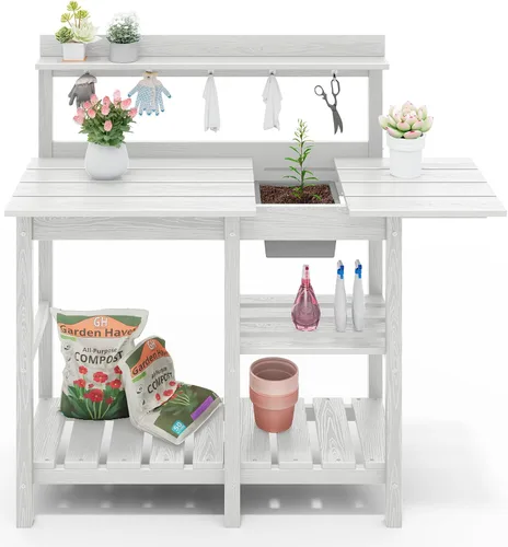 Miniatura 10 de SERWALL Banco de macetas para exteriores con fregadero extraíble, mesa para macetas de polietileno de alta densidad resistente a la putrefacción