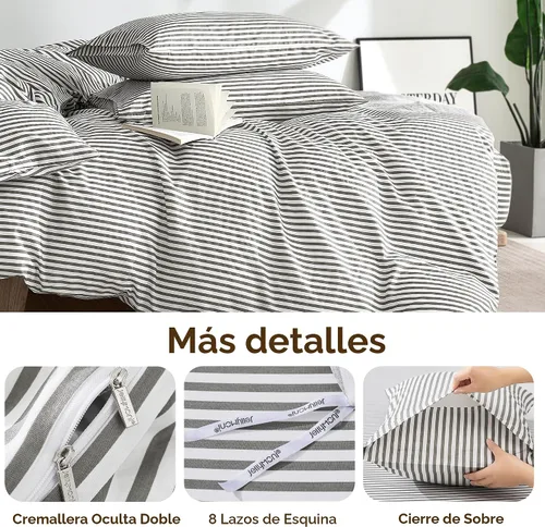 Miniatura 5 de JELLYMONI Juego de fundas de edredón a rayas de algodón 100% natural de 3 piezas, funda de edredón blanca con patrón de rayas grises estampado, 0604