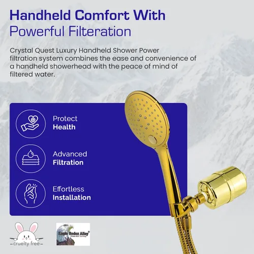Miniatura 5 de Crystal Quest Sistema de filtración de energía de ducha de mano de lujo, dorado, sin BPA, 1.25-2.5 GPM, cartucho reversible, ideal para decloración