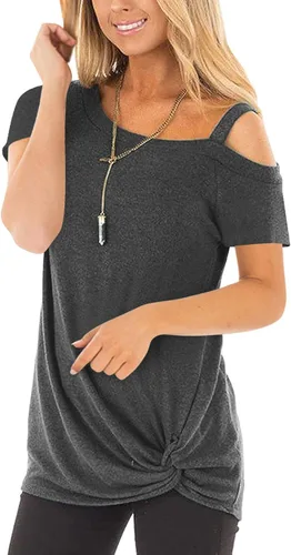 Miniatura 2 de Temofon - Camisetas de mujer, sin hombros, camiseta de verano informal, de manga corta, con diseño de nudo trasero y hombros desnudos, tallas S a 2XL