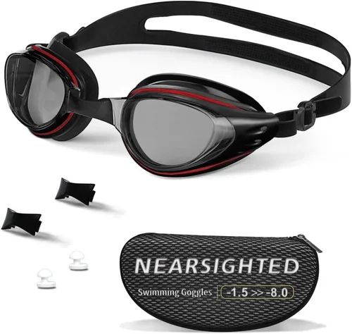 Gafas de natación para miopía, polarizadas, antivaho, sin fugas, para mujeres, hombres, niños y adultos humo negro/rojo