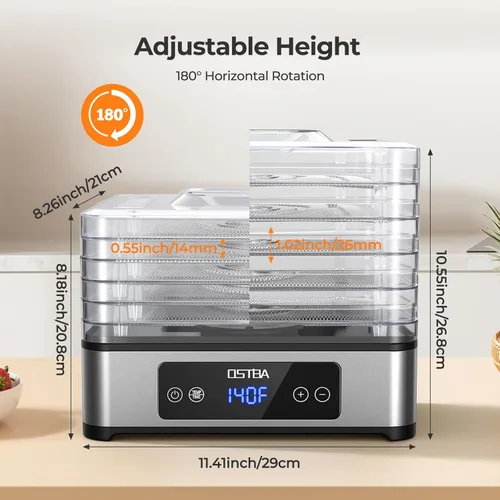 Miniatura 5 de OSTBA Deshidratador de alimentos, 5 bandejas de acero inoxidable, secado potente de 400 W, temporizador de 48 horas y control de temperatura de 95 a