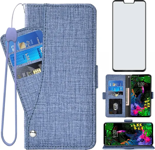 Asuwish Compatible con LG G8 ThinQ - Funda tipo cartera de vidrio templado, protector de pantalla y funda de cuero con tapa para tarjetero, soporte