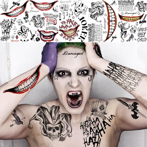 Miniatura 5 de EGMBGM 5 hojas de tatuajes temporales de Joker 3D para hombres, mujeres y adultos, kit de maquillaje de Halloween, payaso fantasma, sonrisa