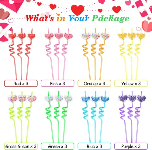 Miniatura 5 de 24 popotes de plástico con purpurina de 8 colores para el día de San Valentín, con 2 cepillos de limpieza