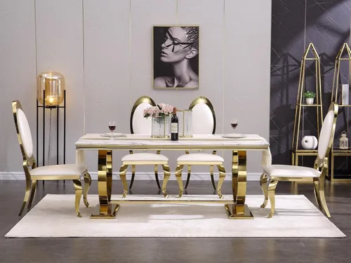 Miniatura 11 de ACEDÉCOR Juego de mesa de comedor moderno de 5 piezas con 4 sillas de comedor de cuero negro, mesa de comedor con base en U de metal de acero Oro