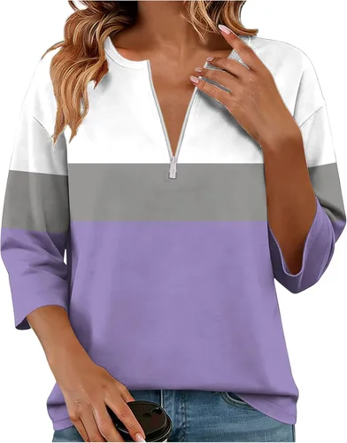 Miniatura 15 de Sudadera de manga larga con media cremallera para mujer, de gran tamaño, bloque de color, con cremallera de un cuarto, camisas de moda de primavera