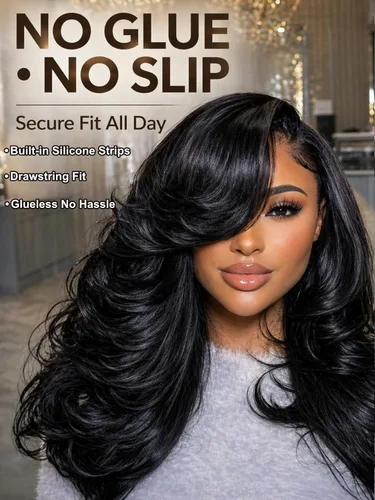 Miniatura 2 de UNICE Bye Bye Slip Peluca de Capas Emplumadas con Raya Lateral de Cabello Humano Sin Pegamento con Tiras de Silicona Seguras y Cordón Densidad 200%