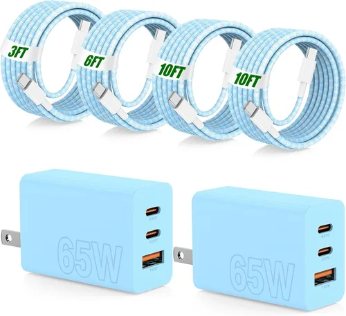 Miniatura 10 de USB C de carga súper rápida de 65 W para iPhone 17 16 Pro Max, bloque de carga USB C de 3 puertos de 100 W PD y cable trenzado tipo C de 3/6/6/10
