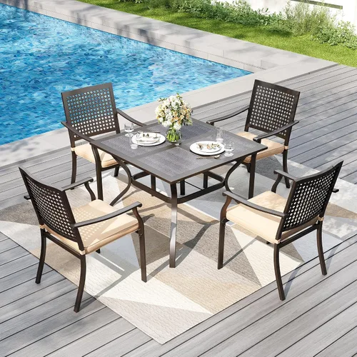 Miniatura 7 de PHI VILLA - Mesa de comedor al aire libre de 37 pulgadas, mesa de patio con malla de acero de metal, mesa de comedor con orificio para paraguas