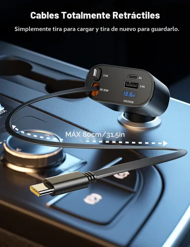Miniatura 2 de SUPERONE - Cargador retráctil para automóvil 4 en 1, cargador de teléfono rápido para automóvil con cable de 2.6 pies, USB C y adaptador