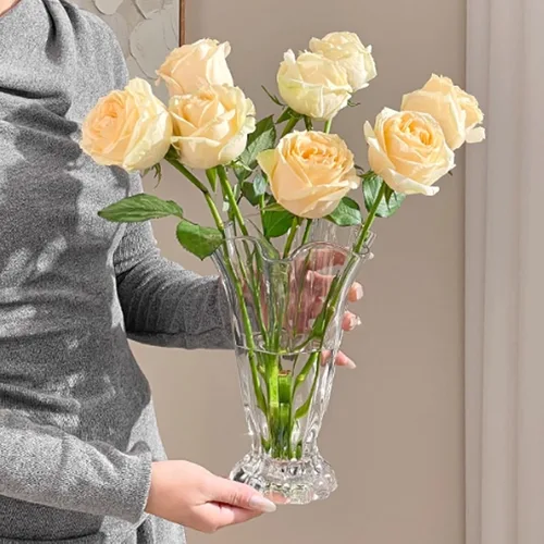 Miniatura 3 de Jarrón de cristal acanalado vintage de 8.7 pulgadas en relieve, grande, grueso, grueso, transparente, floreros hidropónicos para rosas, lirios