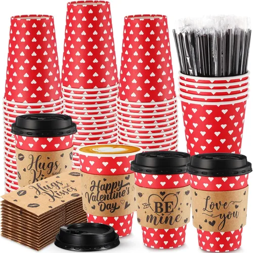 Miniatura 9 de Layhit Juego de 100 tazas de café desechables para el día de San Patricio con tapas y mangas, pajitas de 12 onzas con trébol verde para bebidas