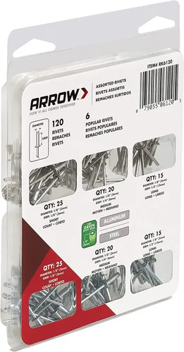 Miniatura 8 de Arrow RK6120 - Kit surtido de remaches para metal, tela, cuero y reparación de automóviles, aluminio y acero, 18 pulgadas, paquete de 120