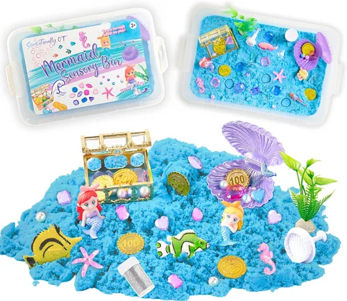 38 cubos sensoriales de sirena con arena mágica de 2 libras, moldes de océano y accesorios del tesoro, regalo creativo de juego de arena para niñas