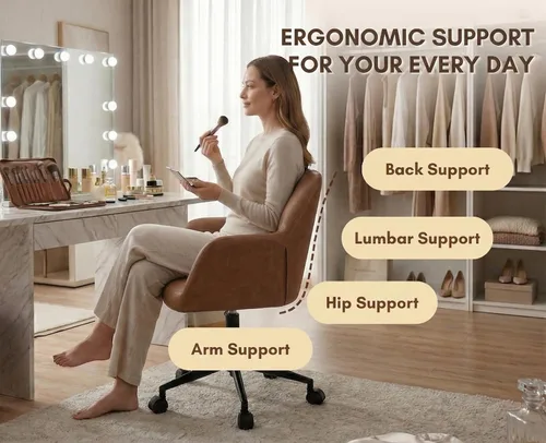 Miniatura 6 de Silla de escritorio de cuero marrón con respaldo medio, apoyabrazos, silla de oficina con soporte ajustable de altura, silla giratoria de 360°