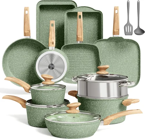 MAISON ARTS Juego de ollas y sartenes antiadherentes de 17 piezas, juegos de utensilios de cocina con revestimiento de piedra de granito Verde