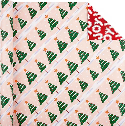 Miniatura 3 de WRAPAHOLIC - Papel de regalo de Navidad reversible, minirollo, 17 pulgadas x 33 pies, diseño de árbol de Navidad con letras “joy”, perfecto