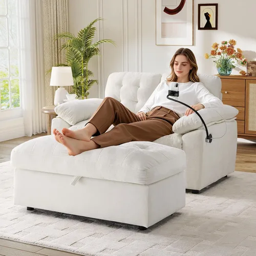 Miniatura 28 de Chaise Lounge Chair para interiores con puerto USB y soporte para teléfono, sillón reclinable pequeño de felpilla con otomana de almacenamiento
