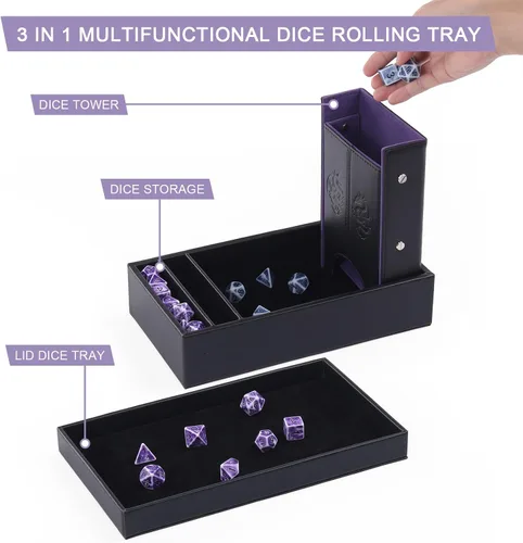 Miniatura 2 de Bandeja de dados DND y torre de dados con almacenamiento, bandeja rodante de dados 3 en 1 con tapa, almacenamiento de caja de dados portátil