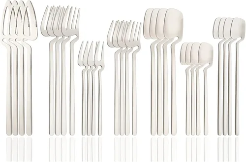 Miniatura 10 de Juego de cubiertos de 28 piezas para 4, color negro mate con cuchara de mango largo, cucharilla, tenedor de frutas, juego de utensilios de cocina