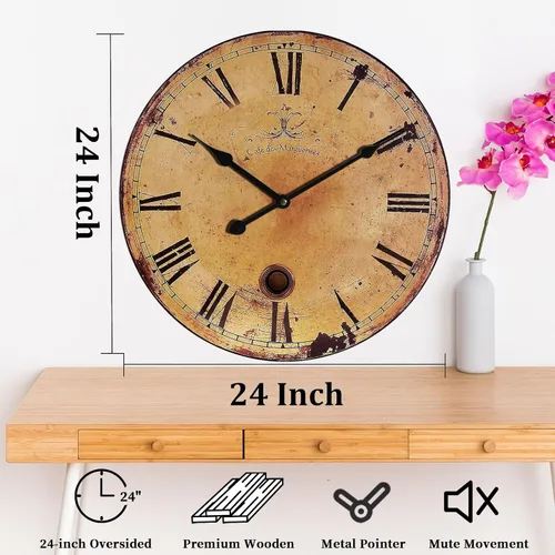 Miniatura 2 de Reloj de pared rústico grande, silencioso, funciona con pilas, para sala de estar, estilo vintage, de 24 pulgadas, sin tictac, para cocina