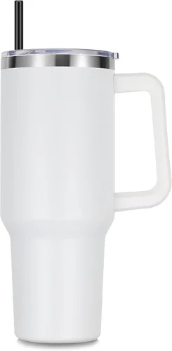 Miniatura 19 de DOMICARE Vaso de 40 oz con asa y pajita, vaso de acero inoxidable con tapa y pajita, reutilizable, aislado al vacío, taza para café de viaje