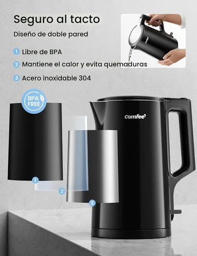 Miniatura 3 de COMFEE' Hervidor eléctrico de té de 1.7L de doble pared y caldera de agua eléctrica, 100% acero inoxidable interior y tapa y caño, tapa de dos Pared