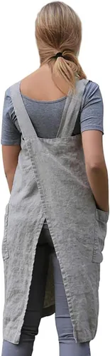 Miniatura 3 de Vestido tipo delantal con espalda cruzada para mujer con bolsillos, delantal de lino y algodón, talla grande Gris oscuro