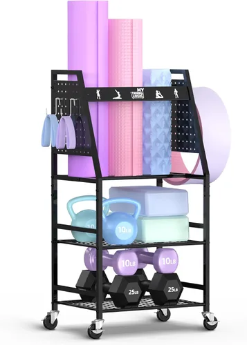 Miniatura 9 de Mythinglogic Estante de almacenamiento para esterilla de yoga, estante de almacenamiento de gimnasio en casa para mancuernas, rodillo de espuma