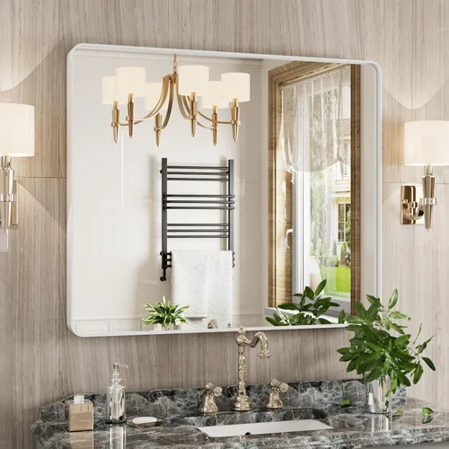 Miniatura 14 de JISOSO - Espejo de baño de 24x36 pulgadas con marco de metal cepillado color níquel, espejo con marco de metal cepillado plateado para pared, espejo