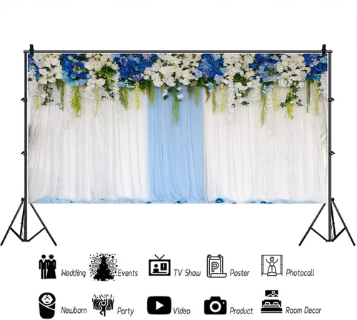 Miniatura 2 de AOFOTO Cortina de flores azules y blancas de 6 x 4 pies, telón de fondo de boda, romántico, cortinas de pared florales para novia, novio, damas