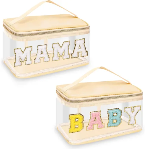 Miniatura 18 de izuzta Bolsas de maquillaje transparentes con letras de chenilla, bolsa de maquillaje de parche preppy con asa