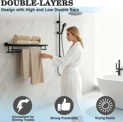 Miniatura 5 de Alise - Toallero para baño con montaje en pared, soporte de toallas de baño con doble barra para toallas y estante, 40.6 cm, SUS304 de acero Negro