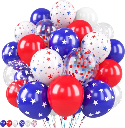 Globos Rojo Blanco Azul, 50 Piezas 12 Pulgadas con Estampado de Estrellas, Globos de Látex Rojo Real Azul Confeti para el 4 de Julio, Día de la