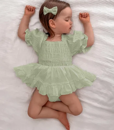 Miniatura 2 de Mameluco para bebés y niñas de 3, 6, 9, 12, 18 meses, enterizo de manga corta, fruncido, faldas y dobladillo, diadema