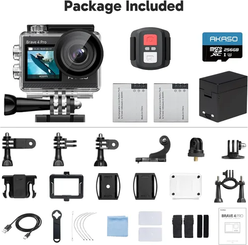 Miniatura 9 de AKASO Brave 4 Pro 4K30 Cámara de acción con tarjeta MicroSD de 256GB U3, cámara impermeable sumergible de 40 metros, EIS, pantalla táctil, control