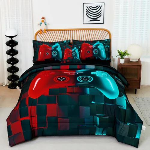 Miniatura 14 de PERFEMET Juego de ropa de cama tamaño Twin en una bolsa, 6 piezas, juego de ropa de cama gaming para niños, edredón azul gamer con juego de sábanas