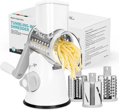 Miniatura 9 de X Home Rallador de queso giratorio para cocina, triturador con 3 cuchillas intercambiables, rallador giratorio con mango y base de succión fuerte