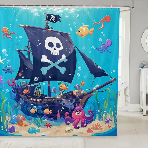 Miniatura 8 de Cortina de ducha de barco pirata de dibujos animados, 72 pulgadas de ancho x 72 pulgadas de largo, bonito sombrero pirata, bandera de calavera