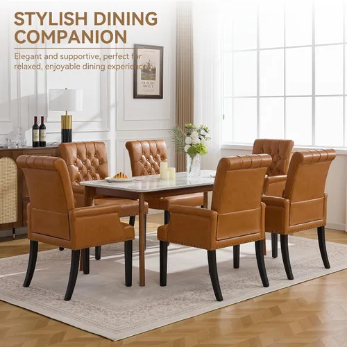 Miniatura 7 de WUTUTUEE Silla de comedor de piel sintética con brazos, sillas de comedor tapizadas con respaldo alto, sillón decorativo con patas de madera maciza