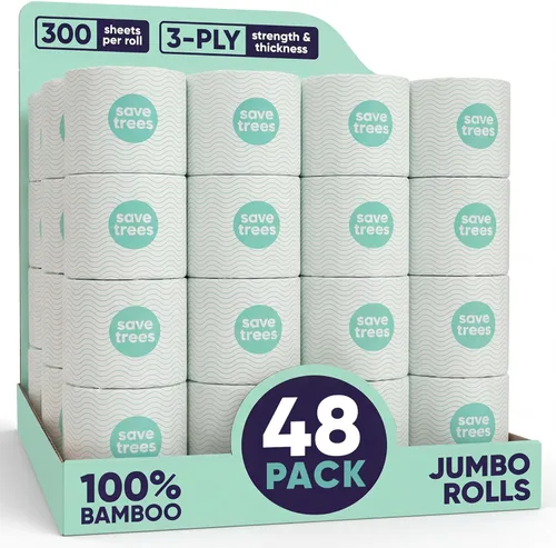 SAVE TREES Papel higiénico de bambú - 48 rollos de papel higiénico orgánico seguro para fosa séptica - 3 capas, 300 hojas por rollo - Libre de PFA,