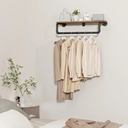 Miniatura 4 de Perchero Industrial de Tubería, Perchero de Ropa de Hierro Resistente Montado en Pared para Colgar Ropa, Estante con Barra para Colgar