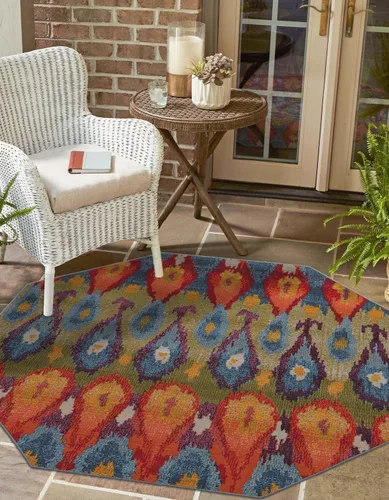 Unique Loom Outdoor Modern Collection - Alfombra de área Ikat (4 pies 1 pulgada octágono multi/borgoña)