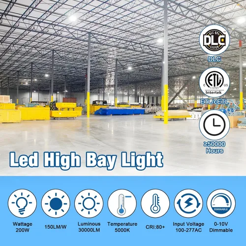 Miniatura 2 de UFO LED High Bay Light 200W 30000LM 5000K DLC/ETL Listed Luces comerciales 150LM/W 0-10v Dimmable Alta Bahía LED Luz IP65 Almacén Taller 6' Cable