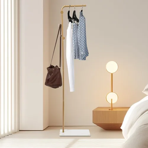 Miniatura 15 de Perchero para ropa de 67 pulgadas con base de almacenamiento y ganchos, perchero resistente para colgar ropa, bolsos, sombreros y zapatos para Dorado