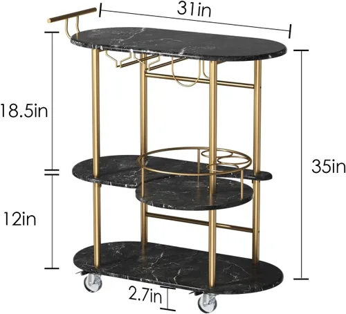 Miniatura 2 de Carritos de bar negros PAUKIN con estantes de almacenamiento de 4 niveles, carrito de servicio de bar móvil con estante para vino y soporte