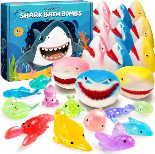 Bombas de baño de tiburón para niños con sorpresa en el interior, paquete de 12 bombas de ducha naturales hechas a mano con juguetes del océano que