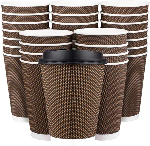 Miniatura 10 de Promora Tazas de café desechables marrones con tapas de 16 onzas, tazas de papel onduladas de papel aislado premium para café caliente